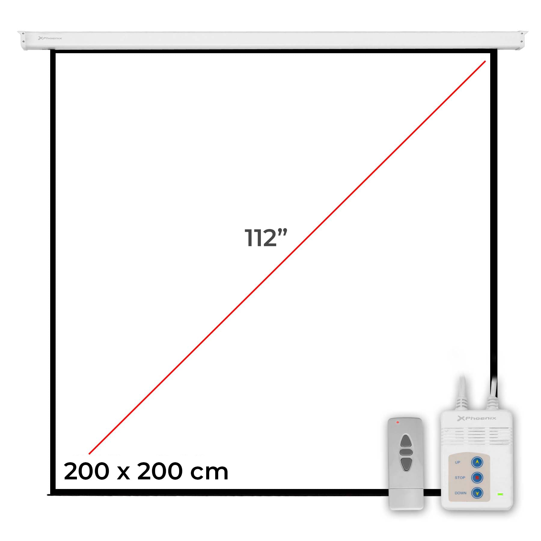 PANTALLA ELECTRICA VIDEOPROYECTOR PARED Y TECHO PHOENIX 112´´ RATIO 1:1 / 4:3 / 16:9 2M X 2 M POSICION AJUSTABLE / CARCASA BLANCA / TELA SUPER RESISTENTE