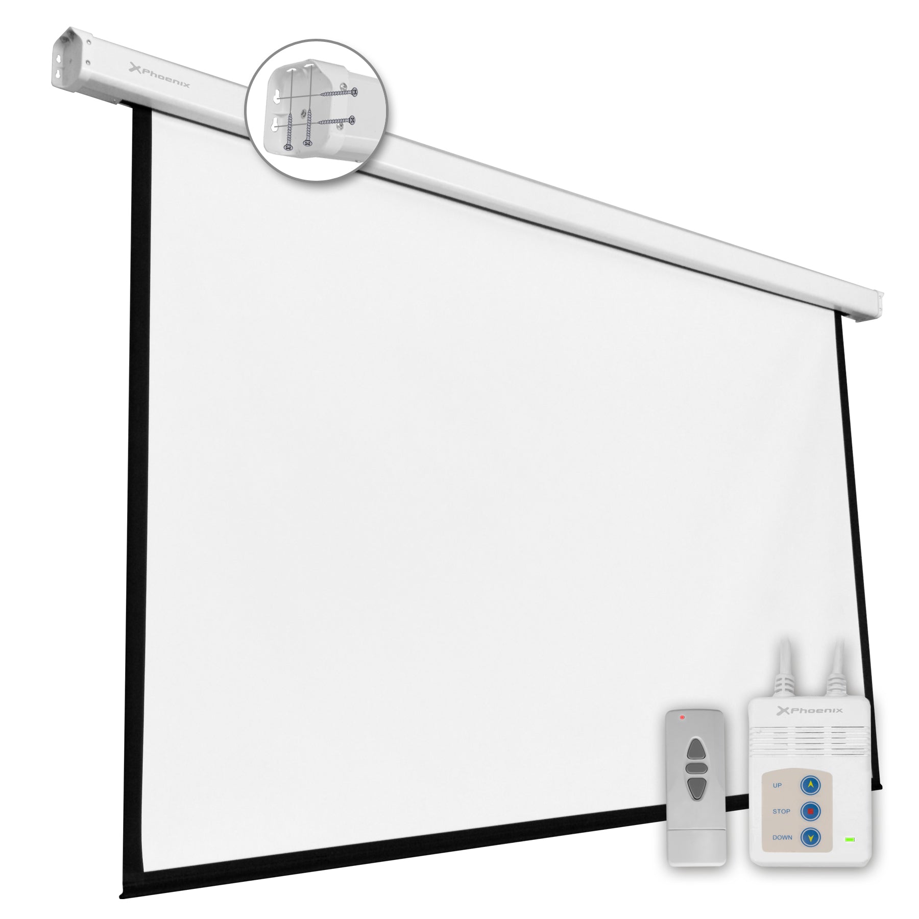 PANTALLA ELECTRICA VIDEOPROYECTOR PARED Y TECHO PHOENIX 112´´ RATIO 1:1 / 4:3 / 16:9 2M X 2 M POSICION AJUSTABLE / CARCASA BLANCA / TELA SUPER RESISTENTE