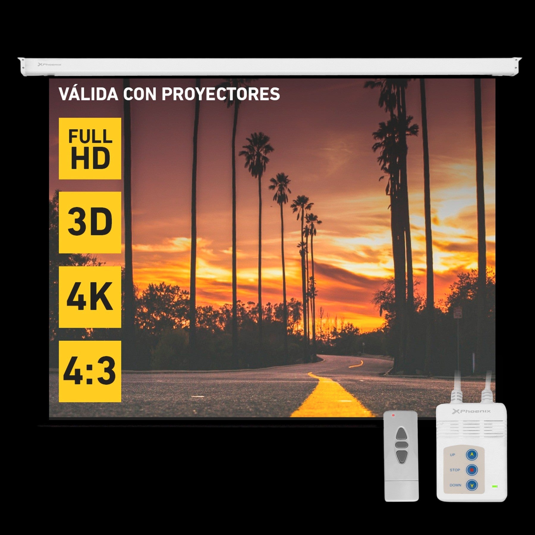 PANTALLA ELECTRICA VIDEOPROYECTOR PARED Y TECHO PHOENIX 100'' RATIO 4:3 / 16:9 2M X 1.5 M POSICION AJUSTABLE / CARCASA BLANCA / TELA SUPER RESISTENTE