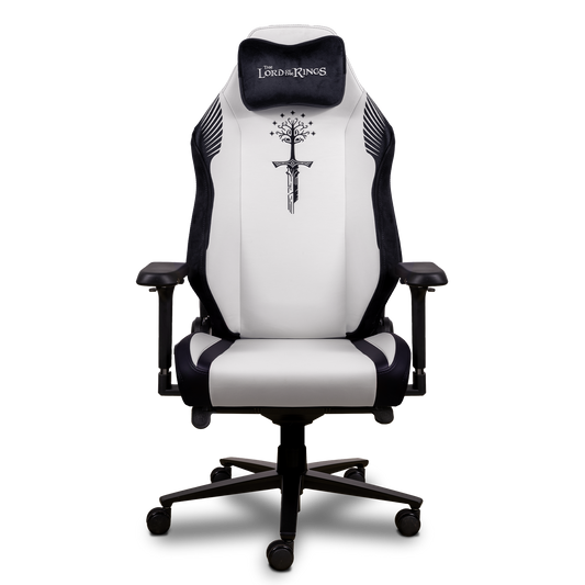 Vista frontal de la silla gaming Monarch Edición Gondor, con diseño en blanco y
negro y bordado de la espada Andúril.