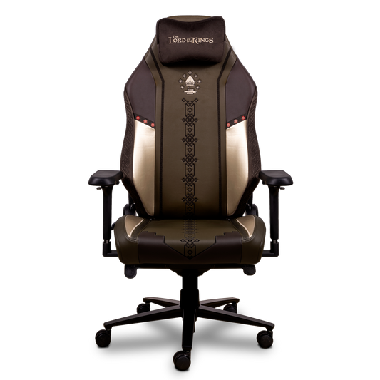 Vista frontal de la silla gaming Monarch Edición Moria, con diseño inspirado en los enanos y acabados en marrón y dorado.