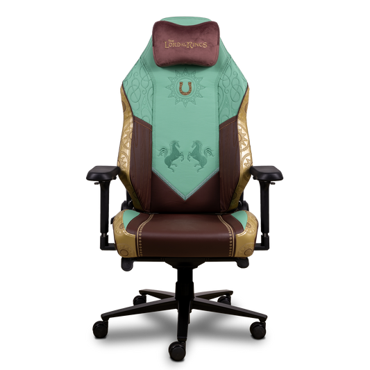 Vista frontal de la silla gaming Monarch Edición Rohan, con bordado de herradura y diseño en verde y marrón inspirado en la Marca.