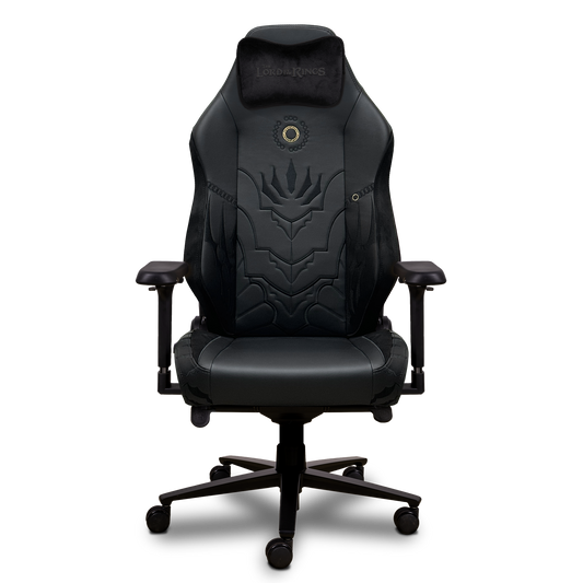 Vista frontal de la silla gaming Phoenix Monarch Mordor Edition, con bordado negro y diseño inspirado en Sauron.
