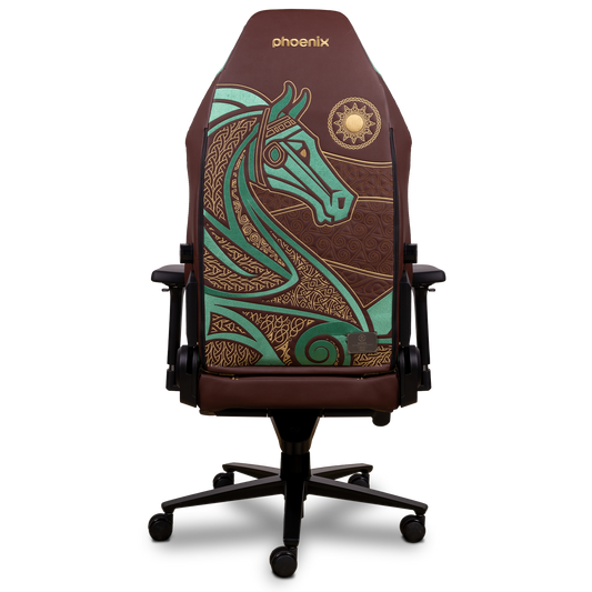 Vista trasera de la silla Monarch LOTR Rohan, con bordado de caballo rohirrim y detalles élficos.