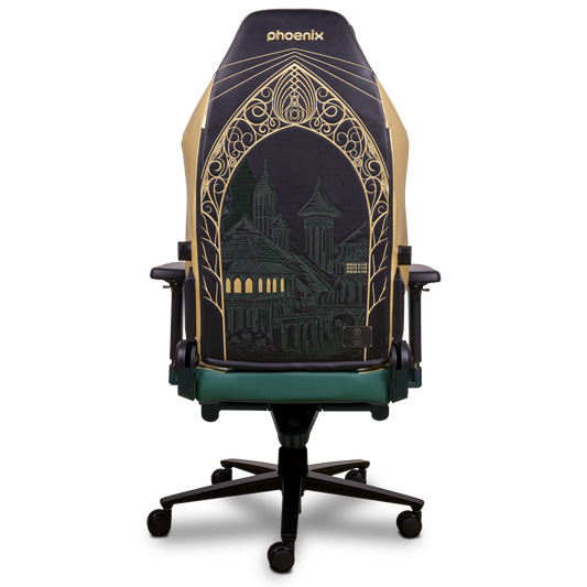 Vista trasera de la silla gaming Monarch Rivendell, con bordado arquitectónico que evoca la Casa de Elrond.
