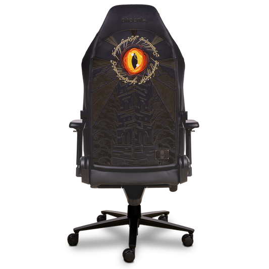 Vista trasera de la silla gaming Phoenix Monarch Mordor Edition, con el Ojo de
Sauron bordado en el respaldo.