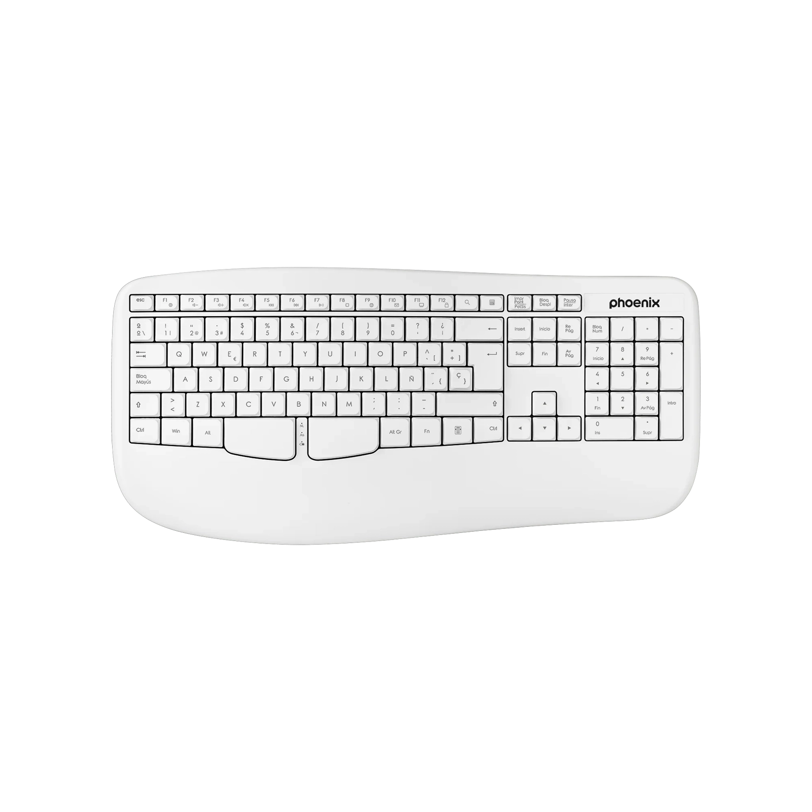 Teclado ergonómico Phoenix K201 Blanco vista frontal QWERTY español