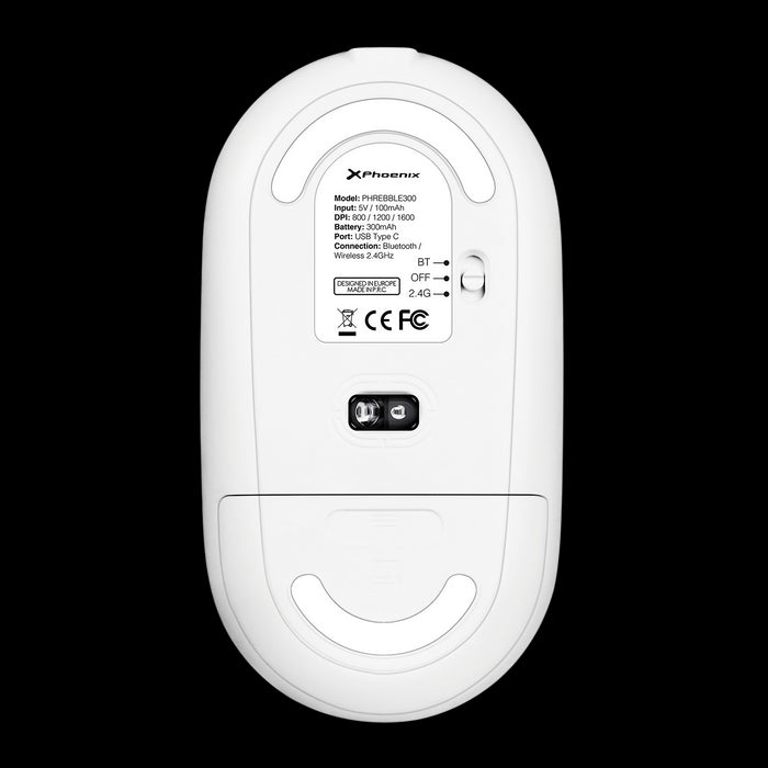 Parte trasera del ratón inalámbrico Phoenix Rebble blanco con puerto USB-C y sensor óptico