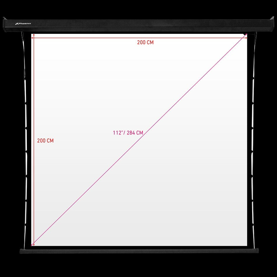 PANTALLA ELECTRICA VIDEOPROYECTOR PARED Y TECHO PHOENIX TENSIONADA 112" RATIO 1:1 / 16.9 / 4:3 2M X 2 M POSICION AJUSTABLE  ULTRA SILENCIOSA ELIMINA ARRUGAS CARCASA BLANCA / TELA SUPER RESISTENTE