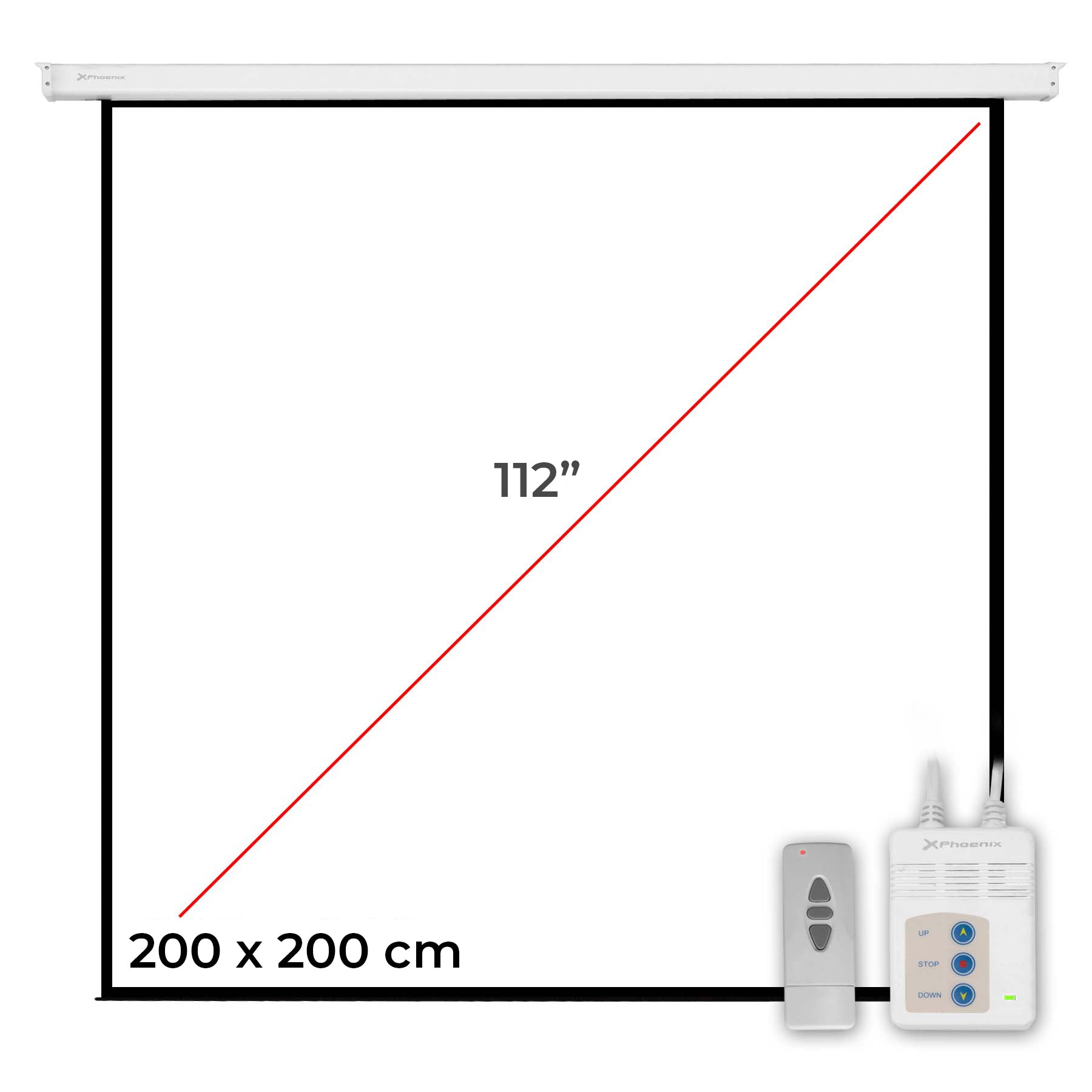 PANTALLA ELECTRICA VIDEOPROYECTOR PARED Y TECHO PHOENIX 112´´ RATIO 1:1 / 4:3 / 16:9 2M X 2 M  POSICION AJUSTABLE / CARCASA BLANCA / TELA SUPER RESISTENTE