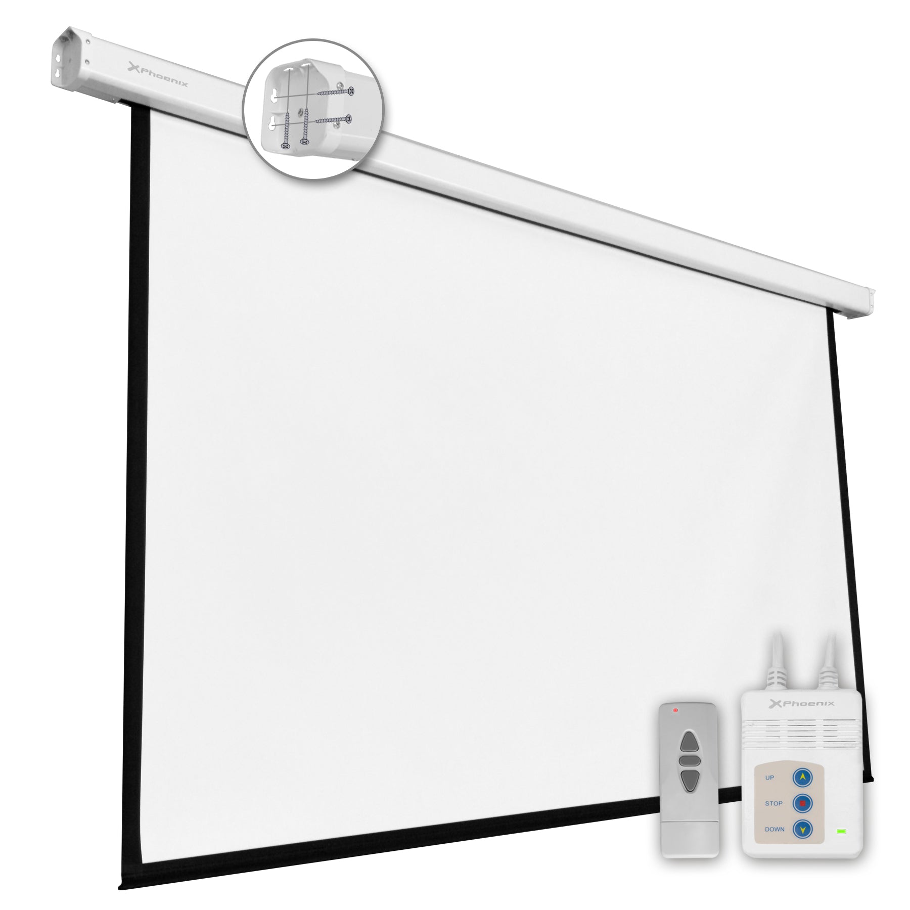 PANTALLA ELECTRICA VIDEOPROYECTOR PARED Y TECHO PHOENIX 112´´ RATIO 1:1 / 4:3 / 16:9 2M X 2 M  POSICION AJUSTABLE / CARCASA BLANCA / TELA SUPER RESISTENTE