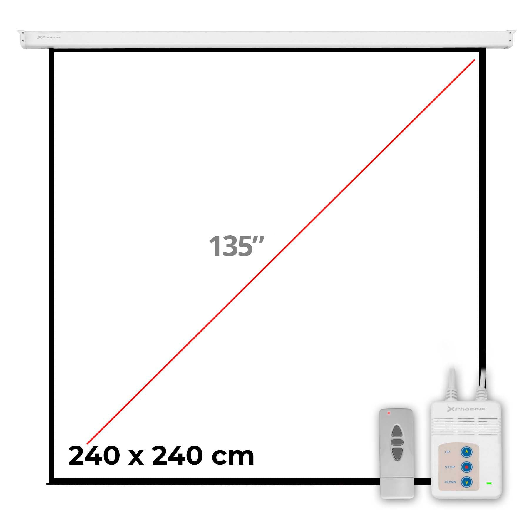 PANTALLA ELECTRICA VIDEOPROYECTOR PARED Y TECHO PHOENIX 135´´RATIO 1:1 / 4:3 / 16:9 2.4M X 2.4M POSICION ADJUSTABLE / CARCASA BLANCA / TELA SUPER RESISTENTE