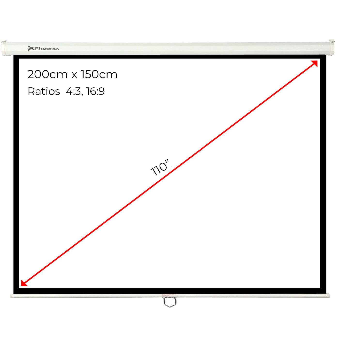 PANTALLA MANUAL VIDEOPROYECTOR PARED Y TECHO PHOENIX 100´´ RATIO 4:3 / 16:9 2M X 1.5M POSICION AJUSTABLE / CARCASA BLANCA / TELA SUPER RESISTENTE