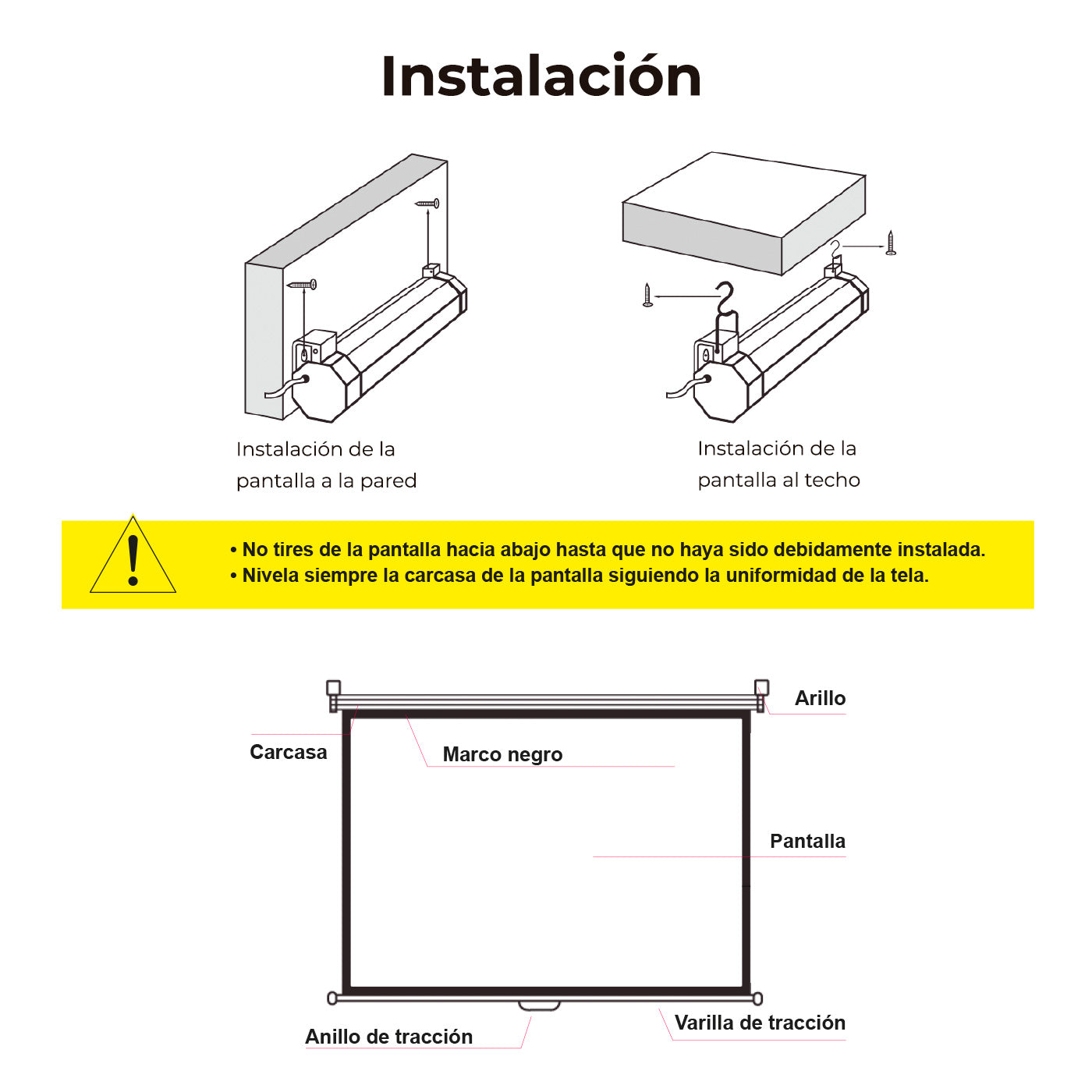 PANTALLA MANUAL VIDEOPROYECTOR PARED Y TECHO PHOENIX 100´´ RATIO 4:3 / 16:9 2M X 1.5M POSICION AJUSTABLE / CARCASA BLANCA / TELA SUPER RESISTENTE