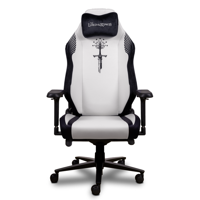Vista frontal de la silla gaming Monarch Edición Gondor, con diseño en blanco y
negro y bordado de la espada Andúril.