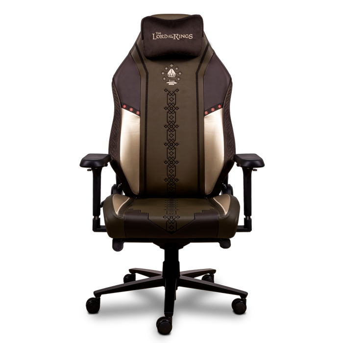 Vista frontal de la silla gaming Monarch Edición Moria, con diseño inspirado en los enanos y acabados en marrón y dorado.