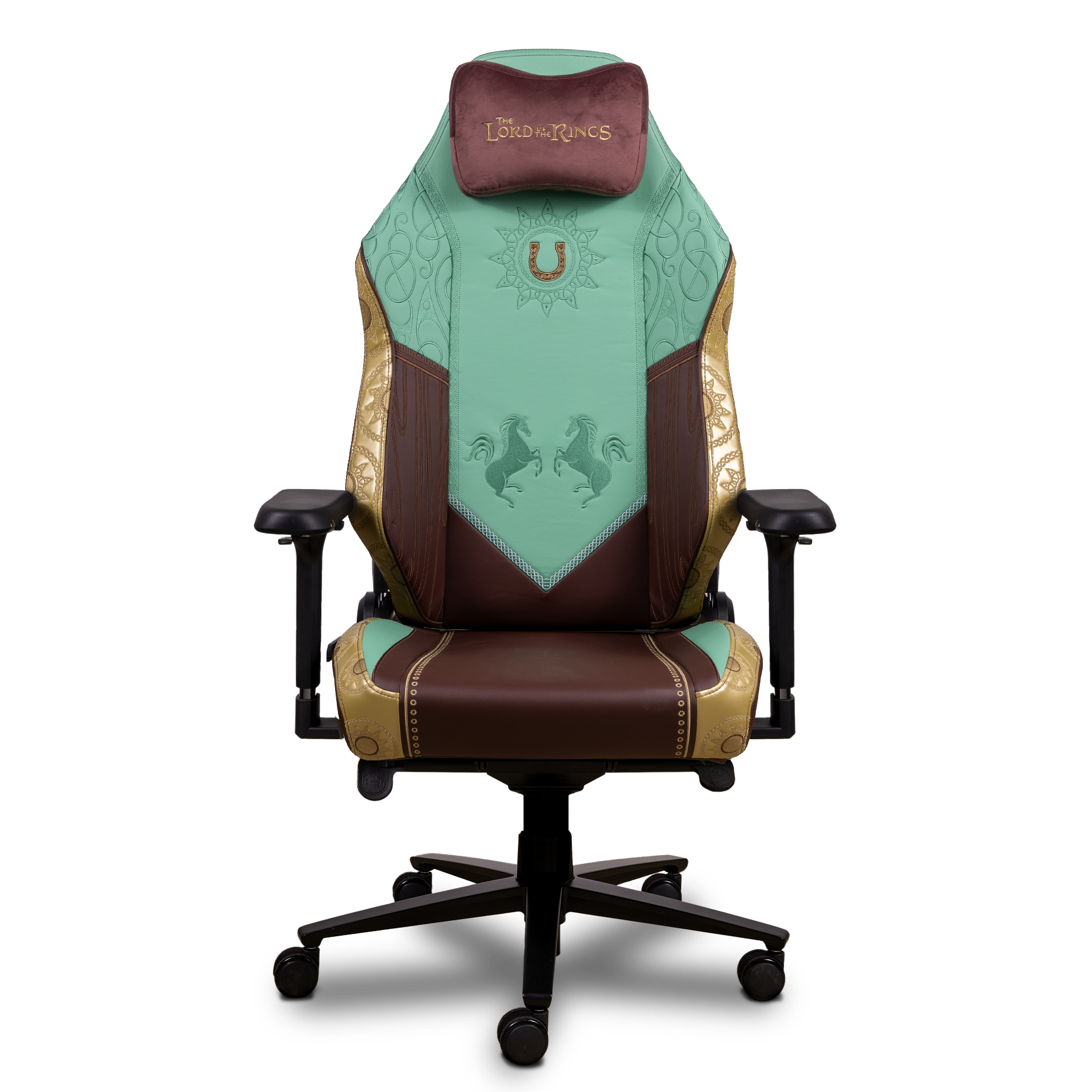 Vista frontal de la silla gaming Monarch Edición Rohan, con bordado de herradura y diseño en verde y marrón inspirado en la Marca.
