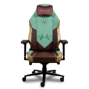 Vista frontal de la silla gaming Monarch Edición Rohan, con bordado de herradura y diseño en verde y marrón inspirado en la Marca.