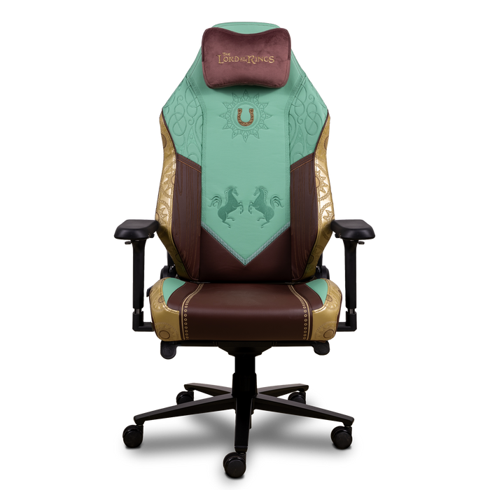 Vista frontal de la silla gaming Monarch Edición Rohan, con bordado de herradura y diseño en verde y marrón inspirado en la Marca.