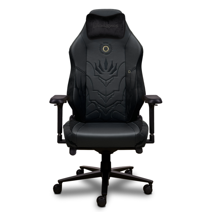 Vista frontal de la silla gaming Phoenix Monarch Mordor Edition, con bordado negro y diseño inspirado en Sauron.