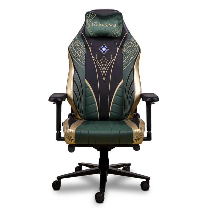 Vista frontal de la silla gaming Monarch Edición Rivendell, con diseño élfico en  verde y dorado inspirado en El Señor de los Anillos.