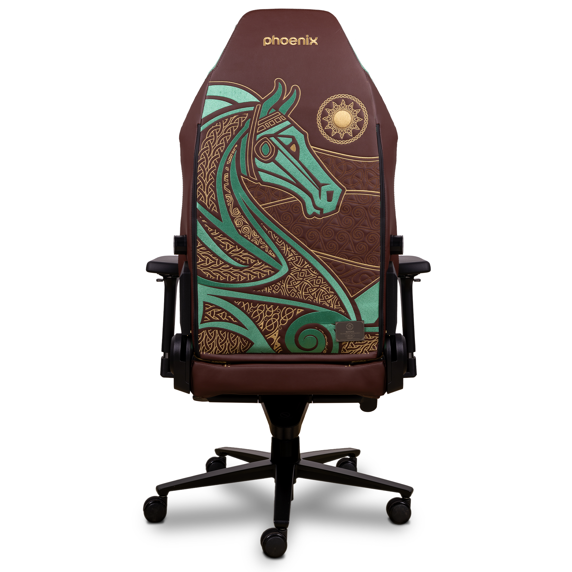 Vista trasera de la silla Monarch LOTR Rohan, con bordado de caballo rohirrim y detalles élficos.