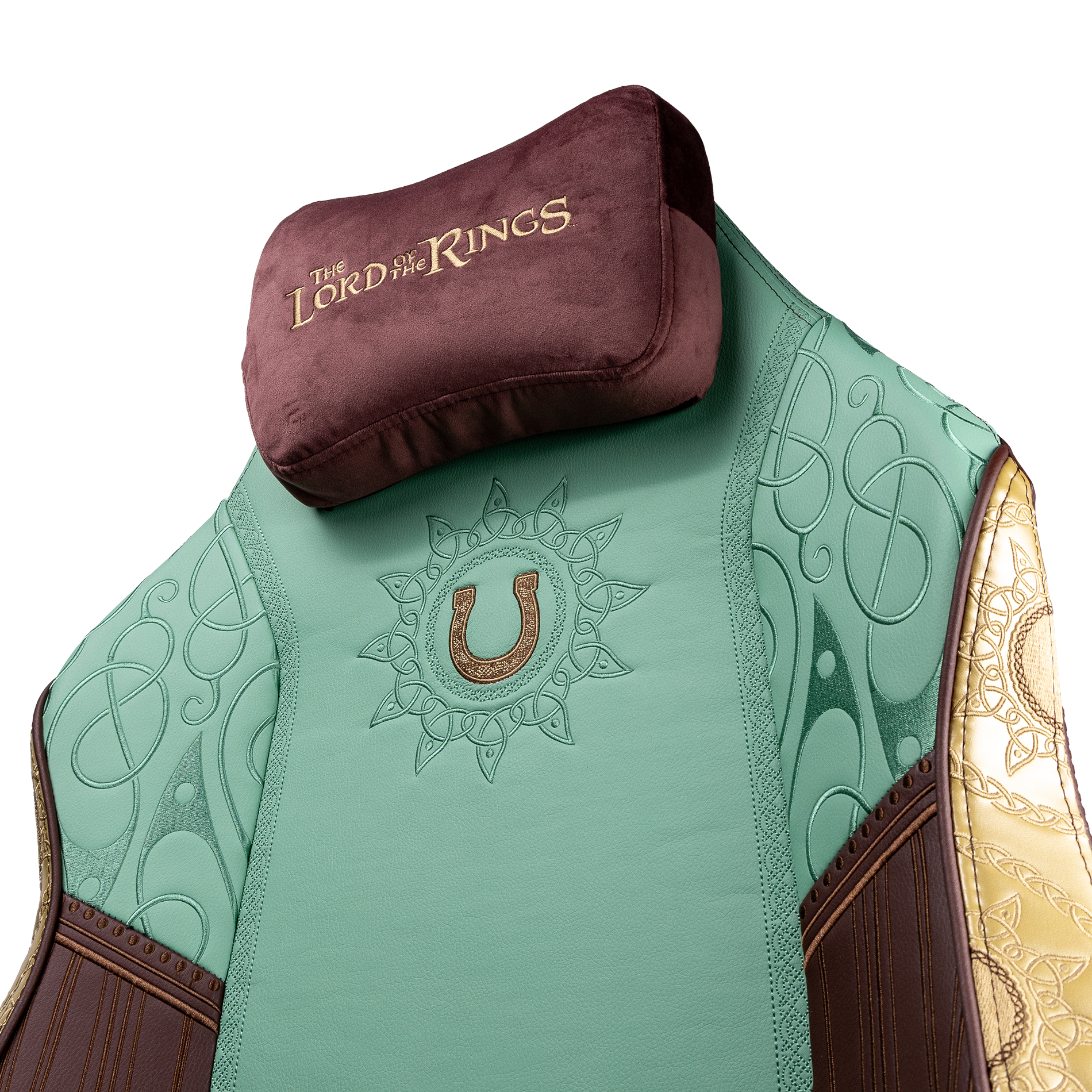 Detalle del reposacabezas con el logo bordado de The Lord of the Rings en la silla Phoenix Monarch Edición Rohan.