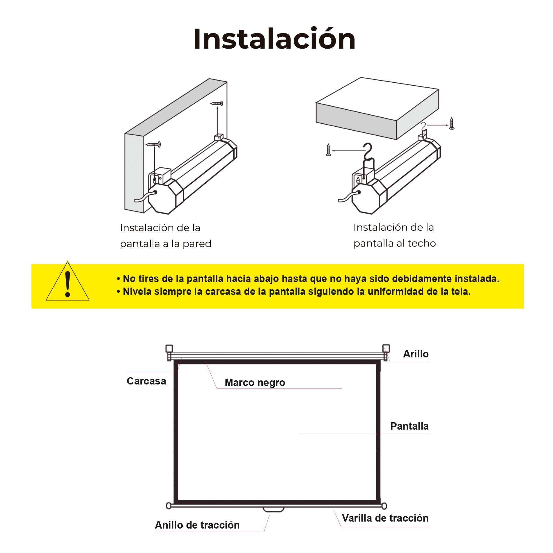 PANTALLA MANUAL VIDEOPROYECTOR PARED Y TECHO PHOENIX 80´´ 1.4M X 1.4M RATIO 1:1 / 16:9 / 4:3 POSICION AJUSTABLE  / CARCASA BLANCA / TELA SUPER RESISTENTE