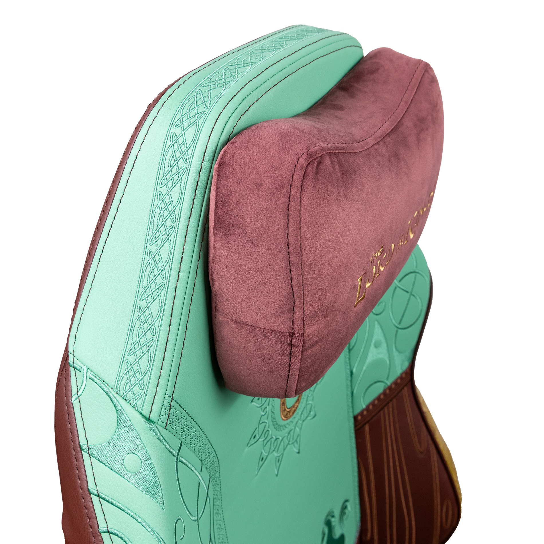 Detalle del asiento y reposabrazos de la silla gaming Phoenix Monarch Rohan con acabados en dorado y cuero