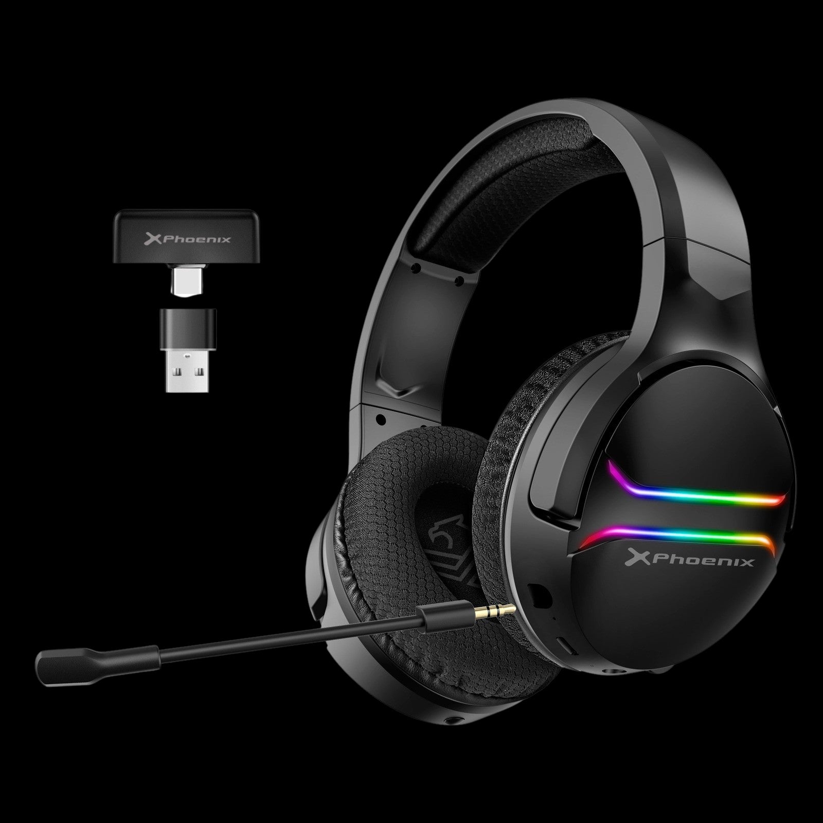 Auriculares Gaming con Microfono Inalambricos Phoenix Echo Wireless para PS5 PC SWITCH Iluminación RGB Sonido 7.1 Envolvente Negro