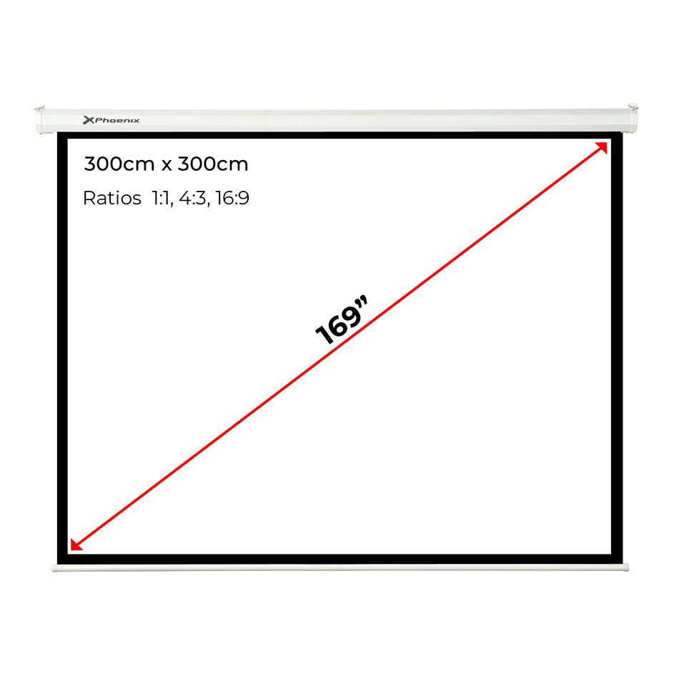 PANTALLA MANUAL VIDEOPROYECTOR PARED Y TECHO PHOENIX 169´´ RATIO: 1:1 / 4:3 / 16:9/  3M X 3M POSICION AJUSTABLE / CARCASA BLANCA / TELA SUPER RESISTENTE